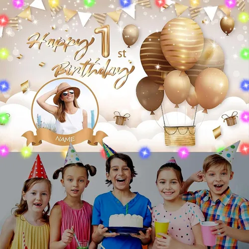 Vista 6 de Cartel de feliz cumpleaños beige personalizado para telón de fondo grande de feliz cumpleaños, globo aerostático, fiesta, interior y exterior