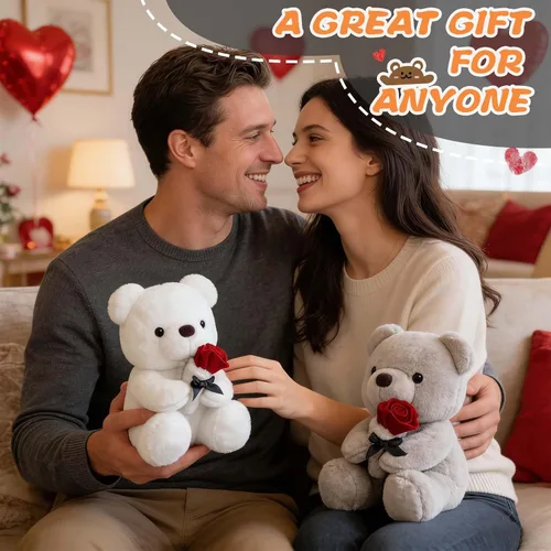Vista 8 de HWD Oso de peluche de 9.8 pulgadas con rosa, muñeca de felpa suave, juguetes de peluche, regalos para ella/novia, amante, mamá, niños pequeños (gris)