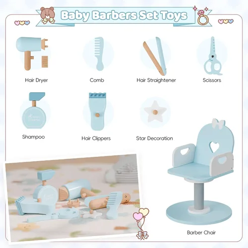 Vista 5 de Juego de tocador azul para niños con luz y silla de barbero, tocador de maquillaje con estante de almacenamiento y juego de peluquería, juego de 7