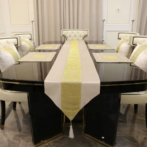 Vista 6 de Juego de 2 manteles individuales de Navidad, manteles individuales para mesa de comedor, lentejuelas doradas, diamantes de imitación, color negro