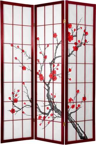 Vista 2 de Red Lantern Pantalla Shoji de flor de cerezo de 6 pies de alto, color negro, 3 paneles