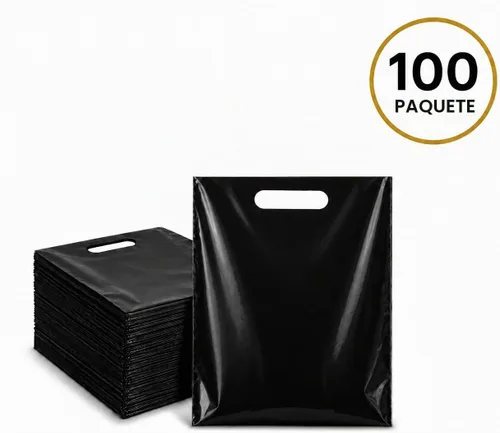 Vista 6 de Paquete de 100 bolsas de compras de plástico negro con asas troqueladas, tamaño de 9 x 12 pulgadas