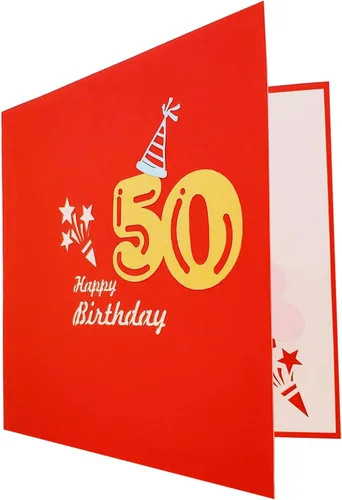 Vista 8 de iGifts And Cards Tarjeta de felicitación emergente 3D con caja de fiesta de cumpleaños número 50 color rojo – Cincuenta, impresionante, globos