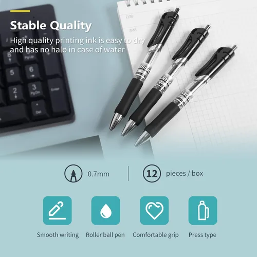 Vista 3 de Bolígrafos de gel, bolígrafos de gel retráctiles, escritura suave, gran capacidad, adecuados para trabajar o estudiar, paquete de 12, 0.028 in Negro