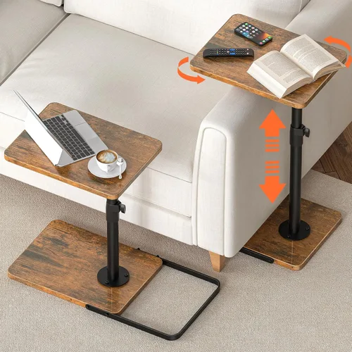 Vista 11 de Mesa de TV para sofá, altura ajustable/giro de 360°/diseño de panel abatible de 180°, mesa auxiliar lateral en forma de C, mesa lateral para brazo