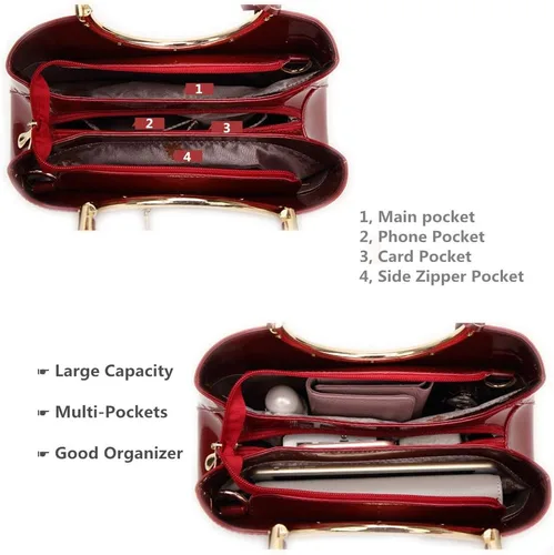 Vista 6 de Bolso para mujer, bolso de cuero de patente, bolso elegante de la manija superior del bolso del bordado de la flor