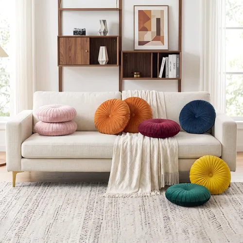 Vista 4 de Teieas - Almohada redonda de terciopelo plisada para decoración, cojín redondo para sofá, silla, cama, coche, burdeos Borgoña