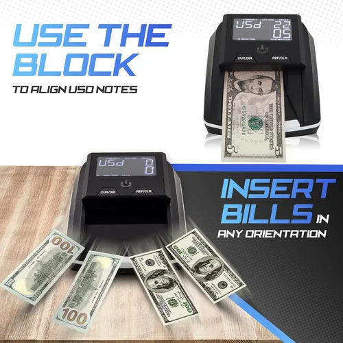 Vista 3 de DETECK DT10C Máquina detector de billetes falsificados portátil, dirección automática de 4 vías USD y EUR contador de valor, detector de dinero