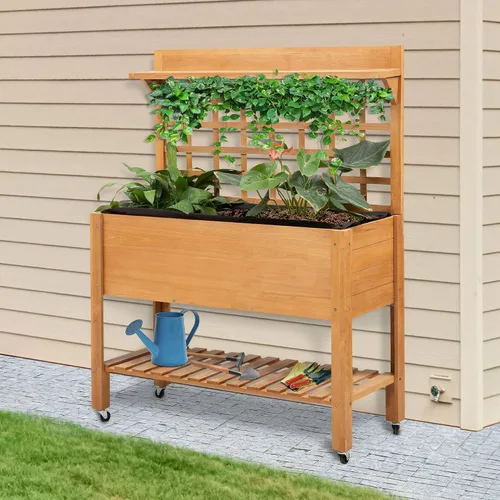 Vista 2 de Outsunny Cama de jardín elevada de 41 pulgadas con enrejado sobre ruedas, maceta elevada de madera con patas y forro de cama, para flores, hierbas