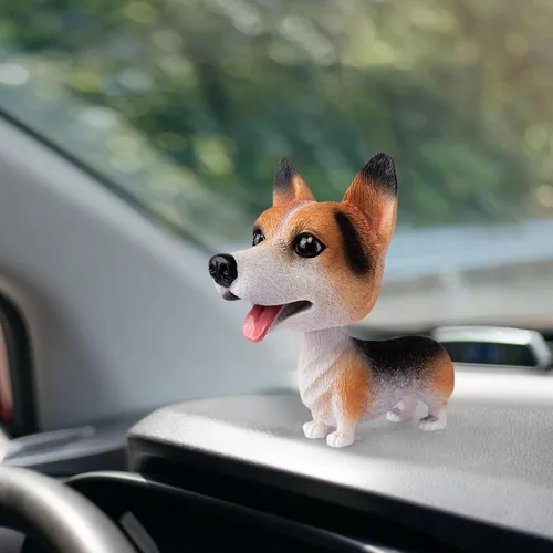 Vista 5 de Perros de juguete con cabeza móvil para el tablero del automóvil, cachorros con cabezas que se agitan, decoración para auto (Corgi Negro)