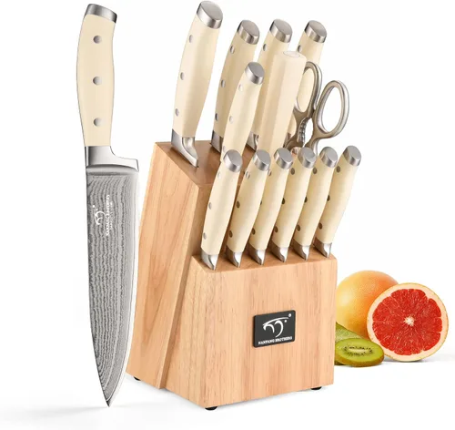 Vista 11 de NANFANG BROTHERS - Juego de cuchillos de damasco de 7 piezas con bloque, mango de madera de ébano Damasco negro titanio chapado