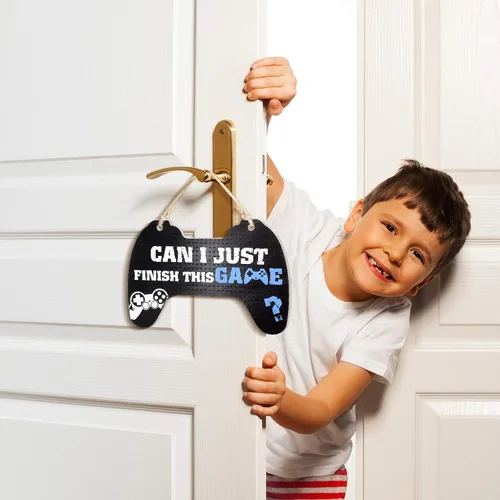 Vista 6 de Jetec Cartel de juego para dormitorio, controlador de madera, placa colgante de gamer, cita de juegos, letrero de puerta colgante para niños