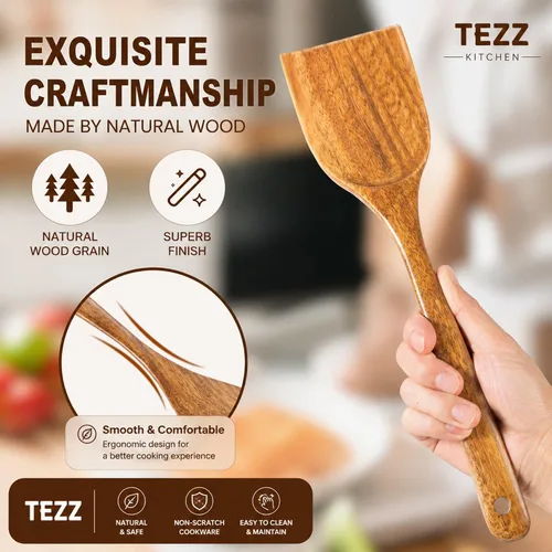 Vista 6 de Espátulas de madera, 2 piezas de utensilios de cocina de madera de acacia natural para sartén antiadherente, herramienta de cocina, espátula