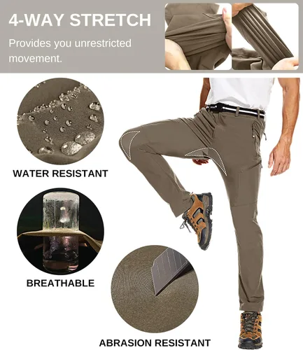 Vista 4 de NATUVENIX Pantalones de senderismo para hombre, pantalones de viaje de secado rápido, pantalones de trabajo elásticos, pantalones ligeros