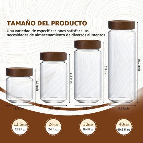 Vista 5 de Tarro de vidrio de 13.5 fl oz/400 ml con tapa de rosca de madera hermética, recipiente de almacenamiento de alimentos transparente apilable pequeño