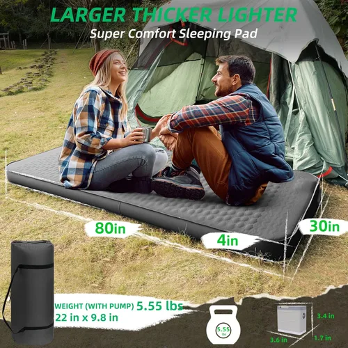 Vista 6 de Colchoneta de dormir autoinflable con bomba eléctrica, espuma viscoelástica ultra gruesa de 4 pulgadas con almohada, colchón de campamento aislado
