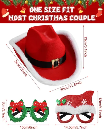 Vista 4 de Eurzom Juego de 4 marcos de sombrero y lentes para fiesta de Navidad, sombrero de vaquero de Papá Noel, corona de Navidad verde, sombrero de Papá