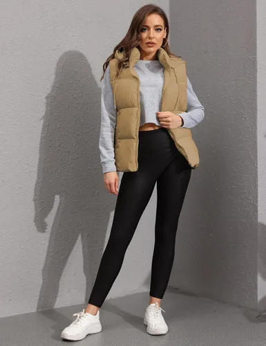 Vista 6 de Chaleco acolchado para mujer con capucha extraíble, sin mangas, con cremallera completa, chaqueta acolchada de plumón