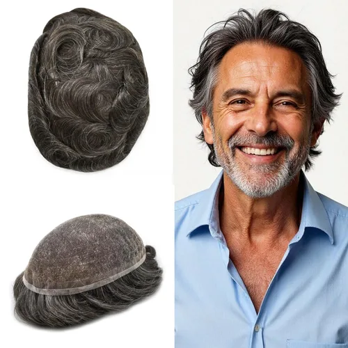 Vista 70 de PUNRU HAIR Completo Swiss Lace Toupee para hombres Sistema de cabello humano real Sistema de reemplazo de cabello humano para hombre Toupee