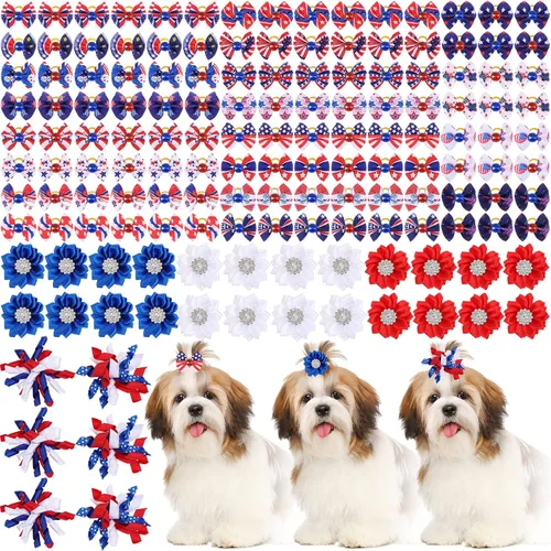 Vista 9 de Kacctyen 150 lazos para perros del día de San Patricio con bandas de goma, lazo para el pelo de perro Yorkie con flores del día de San Patricio