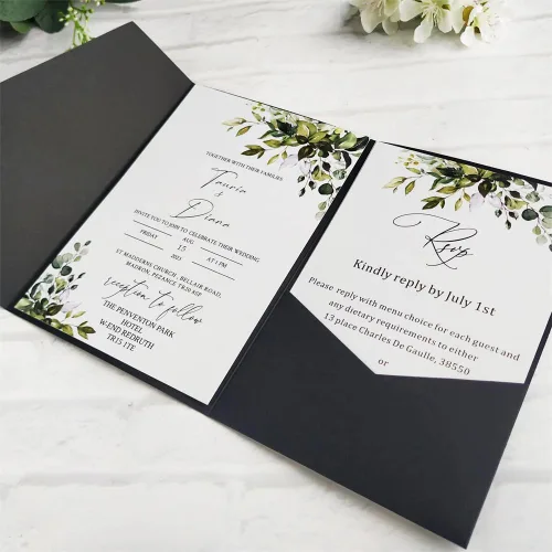 Vista 5 de Tarjeta de invitación negra con bolsillo y sobre para boda, cumpleaños, baby shower, 20 juegos (negro)