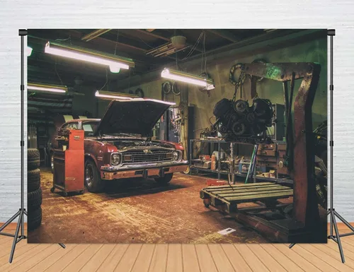 Vista 6 de Fondos de garaje antiguos para fotografía de 5 x 3 pies, fondos de reparación de automóviles temáticos para fiesta de fotos y accesorios de estudio