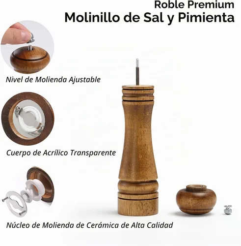Vista 2 de Molinillo de sal y pimienta de madera, molinillo de sal y pimienta, cocteleras de madera de roble con molinillos de cerámica ajustables, 8 pulgadas