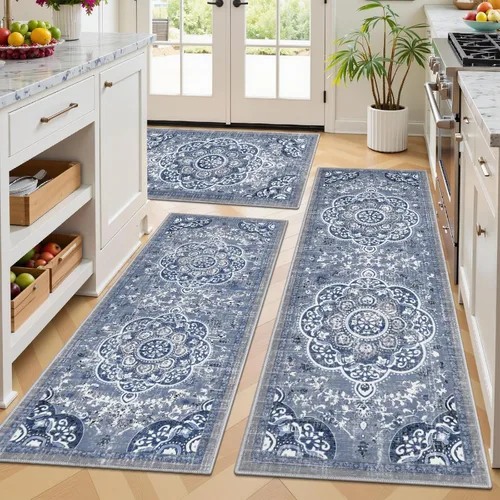 Vista 18 de Ileading Juego de 3 alfombras de cocina bohemias con corredor, alfombra de cocina, alfombras y tapetes antideslizantes lavables para cocina, suelo