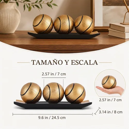 Vista 2 de Bolas decorativas de oro negro para decoración del hogar, 3 orbes de resina con bandeja de exhibición, centro de mesa inspirado para mesa de café