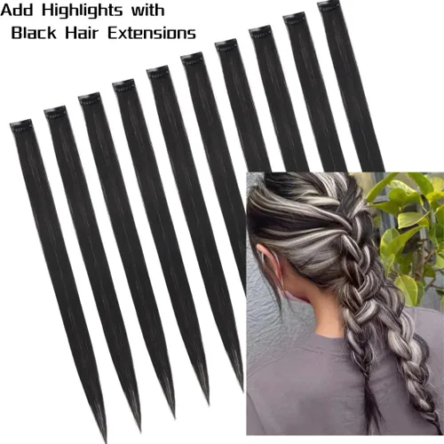 Vista 2 de Extensiones de cabello negro con clip, 10 piezas de 22 pulgadas de largo, rectas de colores lisos, accesorios sintéticos, extensiones con clip