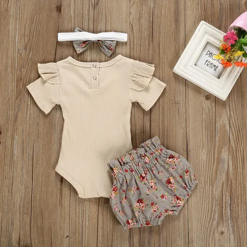 Vista 7 de Chyrbaby Ropa para bebé niña recién nacida, traje con volantes, traje acanalado, pantalones florales con diadema..