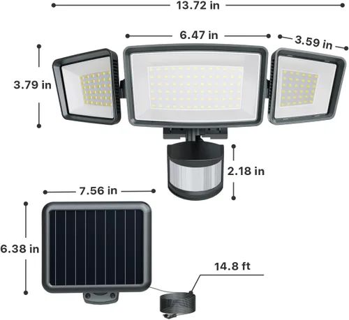 Vista 2 de Ensenior - Luz de seguridad solar con 5 modos de sensor de movimiento, 1800 lm, 270° de ángulo amplio, 3 cabezales de luces LED de inundación