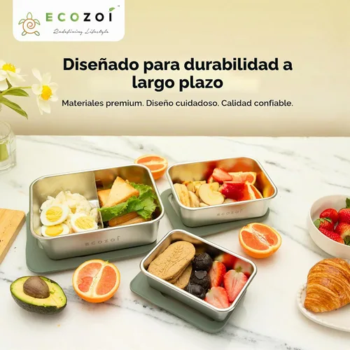 Vista 4 de ecozoi Lonchera de acero inoxidable, juego de 3 piezas con tapas de vidrio, recipientes de preparación de comidas aptos para lavavajillas, 75 onzas