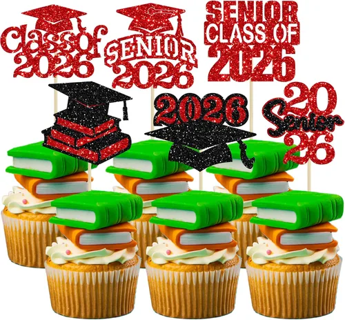 Vista 24 de Paquete de 24 adornos para cupcakes de clase 2026 con purpurina 2026 Felicidades Graduación Diploma Done Cupcake Picks 2026 Graduación Temática