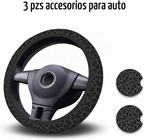 Vista 2 de KARREAL Funda de volante con estampado de leopardo negro y 2 piezas de posavasos para automóvil, material de goma de neopreno, accesorios
