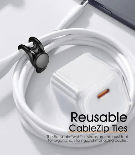 Vista 6 de 20 bridas de silicona para cables de 3 pulgadas, organizador de cables reutilizables pequeños para cables de carga, auriculares, cables de Negro