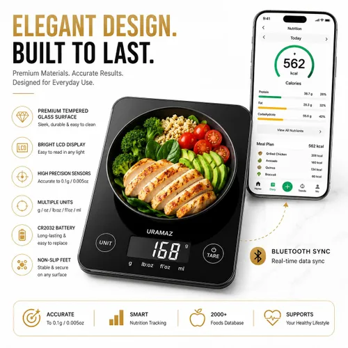 Vista 2 de URAMAZ Báscula de alimentos con calculadora nutricional, báscula digital de alimentos para báscula de cocina gramos y onzas, báscula inteligente