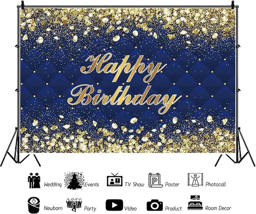 Vista 3 de Renaiss Telón de Fondo Banner de Feliz Cumpleaños de 5x3 pies Diamantes Reales Dorado Azul Fondo de Fotografía para Hombres Mujeres Fiesta