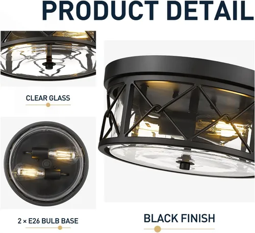 Vista 2 de zeyu ZY25-F BK - Lámpara de techo de montaje empotrado de 2 luces, 12 pulgadas para cocina con vidrio transparente, luz de techo negra, ZY25-F BK