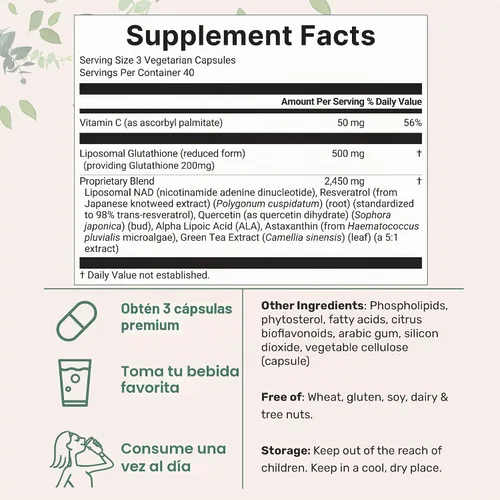 Vista 2 de Micro Ingredients Complejo de glutatión reducido liposomal 3,000 mg - Suplemento avanzado de glutatión 8 en 1 con NAD, resveratrol, quercetina