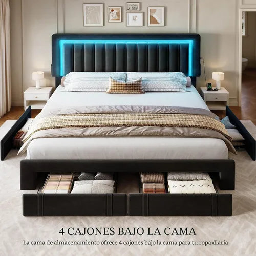 Vista 7 de YITAHOME Base de cama tamaño Queen con cabecera ajustable, 4 cajones de almacenamiento y luces LED RGB, cama de plataforma tapizada de terciopelo