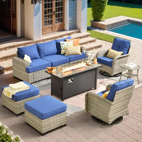Vista 69 de HOOOWOOO Juego de Muebles Seccionales para Patio al Aire Libre, 6 Piezas Juegos de Conversación de Mimbre Sofá en Forma de L, Sofá Extra Profundo