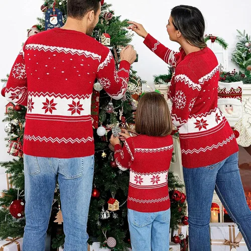 Vista 3 de Suéter navideño a juego para la familia, con estampado de copos de nieve de reno, suéter feo de manga larga 1 estilo.