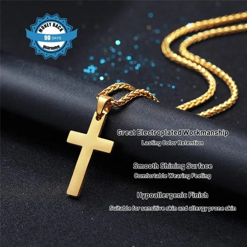 Vista 4 de PROSTEEL Collar de cruz para hombres y mujeres, acero inoxidable 316L, doradoplatanegrooro rosatono azul, hipoalergénico, dos tamaños, viene en caja