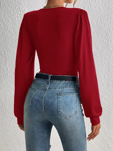 Vista 5 de SweatyRocks Enterizo de manga larga con cuello en V profundo para mujer