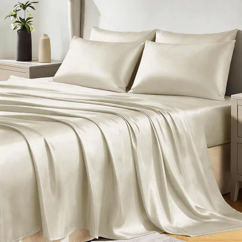 Vista 28 de Juego de sábanas de satén CozyLux de microfibra sedosa con bolsillo profundo, sábana bajera plana y fundas de almohada, suave y suave