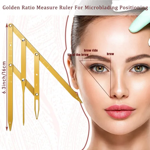 Vista 3 de 2 reglas de cejas regla de posicionamiento de 3 puntos, pinza de relación dorada para cejas, regla de microblading para cejas, herramienta
