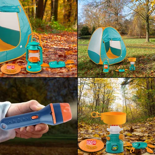 Vista 5 de Qtioucp - Juego de camping para niños con tienda de campaña desplegable y proyector de espacio con linterna - Juguete de fogata al aire libre