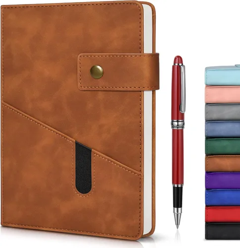 Vista 16 de Cuaderno rayado con bolígrafo, diario personalizado A5 de cuero de tapa dura para hombres y mujeres, 200 páginas de papel grueso de 100 GSM