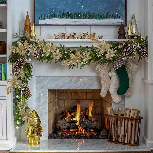 Vista 4 de 6 piezas de selecciones para árbol de Navidad de 25 pulgadas con purpurina, flores de Pascua con purpurina en aerosoles con flores, hojas de acebo
